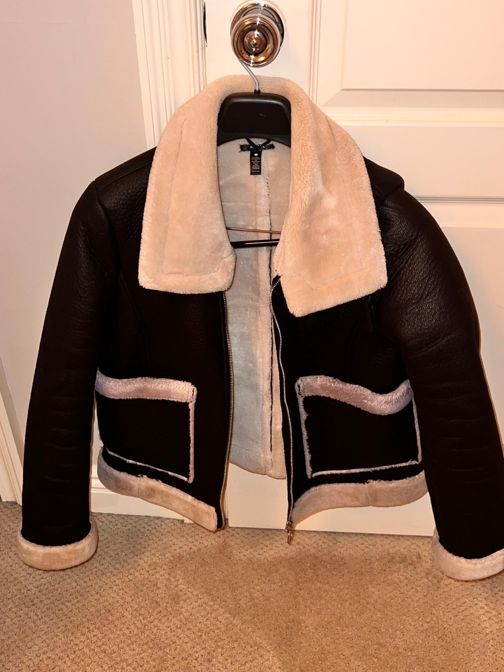 Shearling Trim Fur Coat - Black